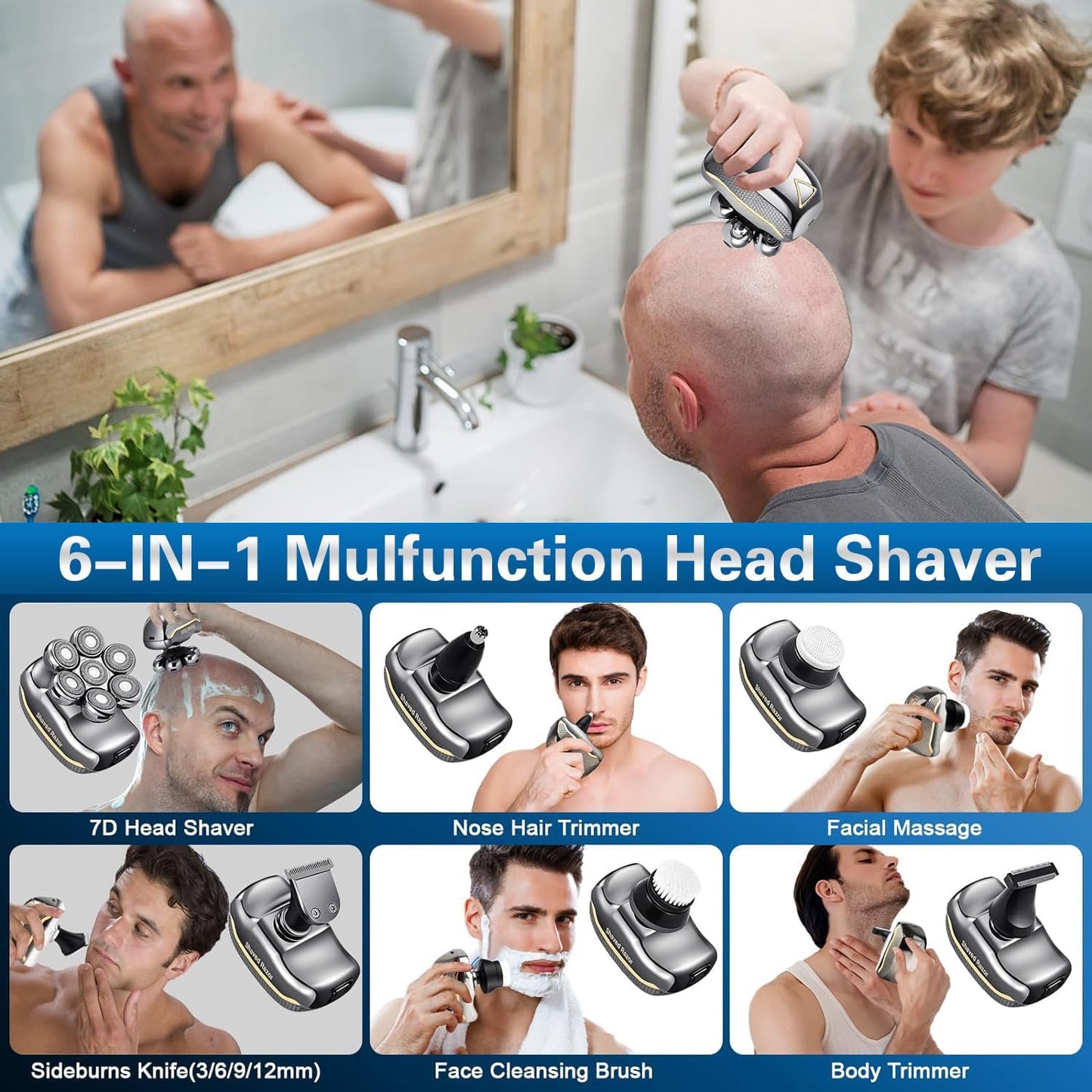 Head Shavers for Bald Men, Upgraded 7D Magnetic Bald Head Shaver, Rotary Head Shavers with LED Display, IPX7 Wet/Dry Mens Cordless Shaver Grooming Kit with Hair Clippers Beard Trimmer Nose Trimmer