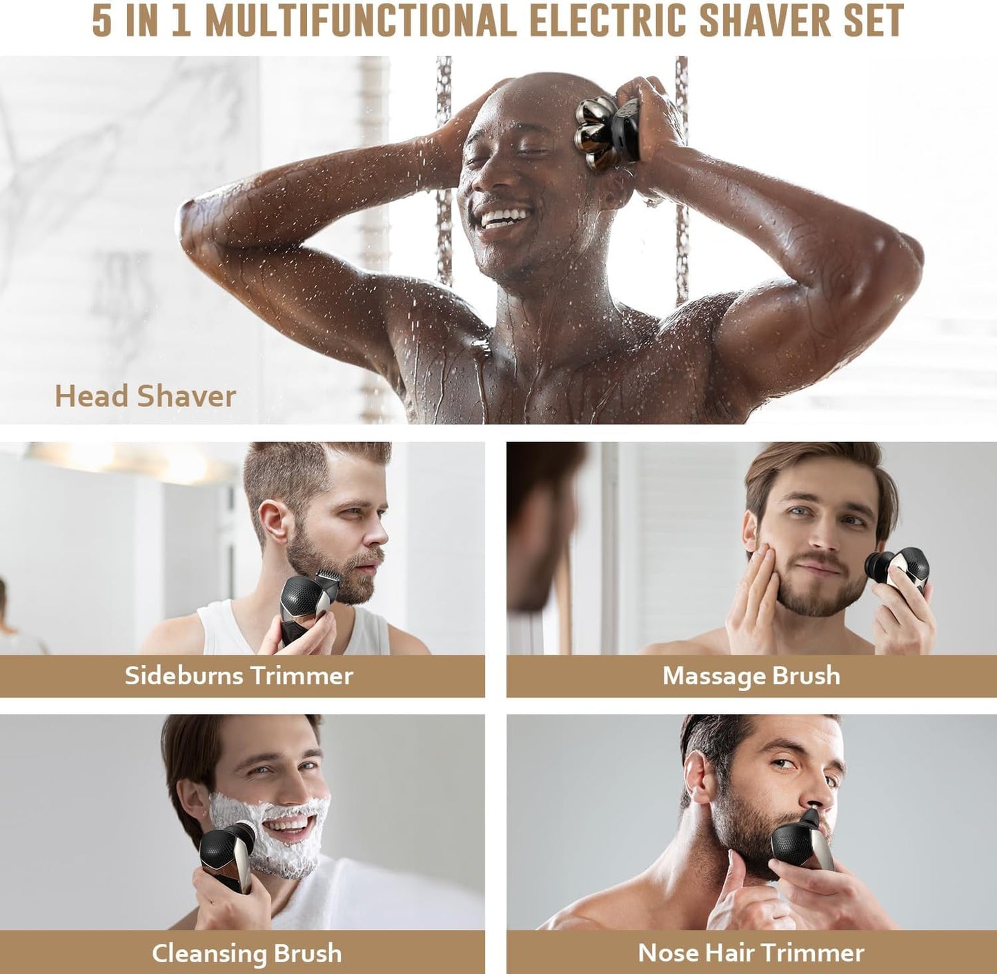 Men's Electric Bald Razor, ROSSIFUR 5 in 1 Bald Men's Head Shaver, IPX7 Waterproof with 7 Rotating Shaver Heads, Nose Hair Sideburn Trimmer, Type C Rechargeable Grooming Set